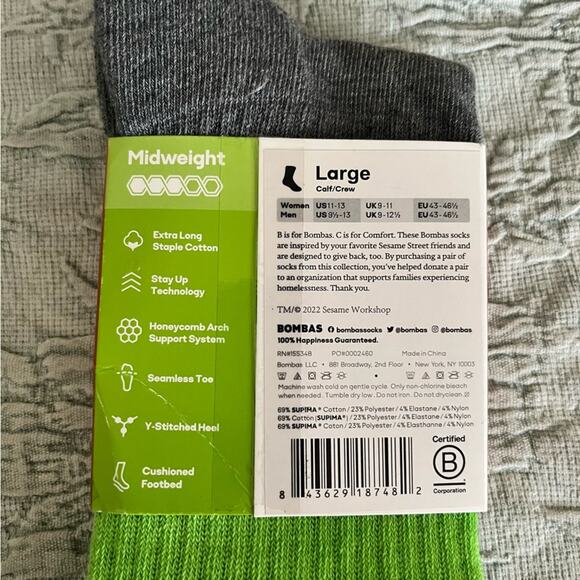 Bombas X Sesame Street Oscar The Grouch Crew Socks Size Large - Picture 5 of 6